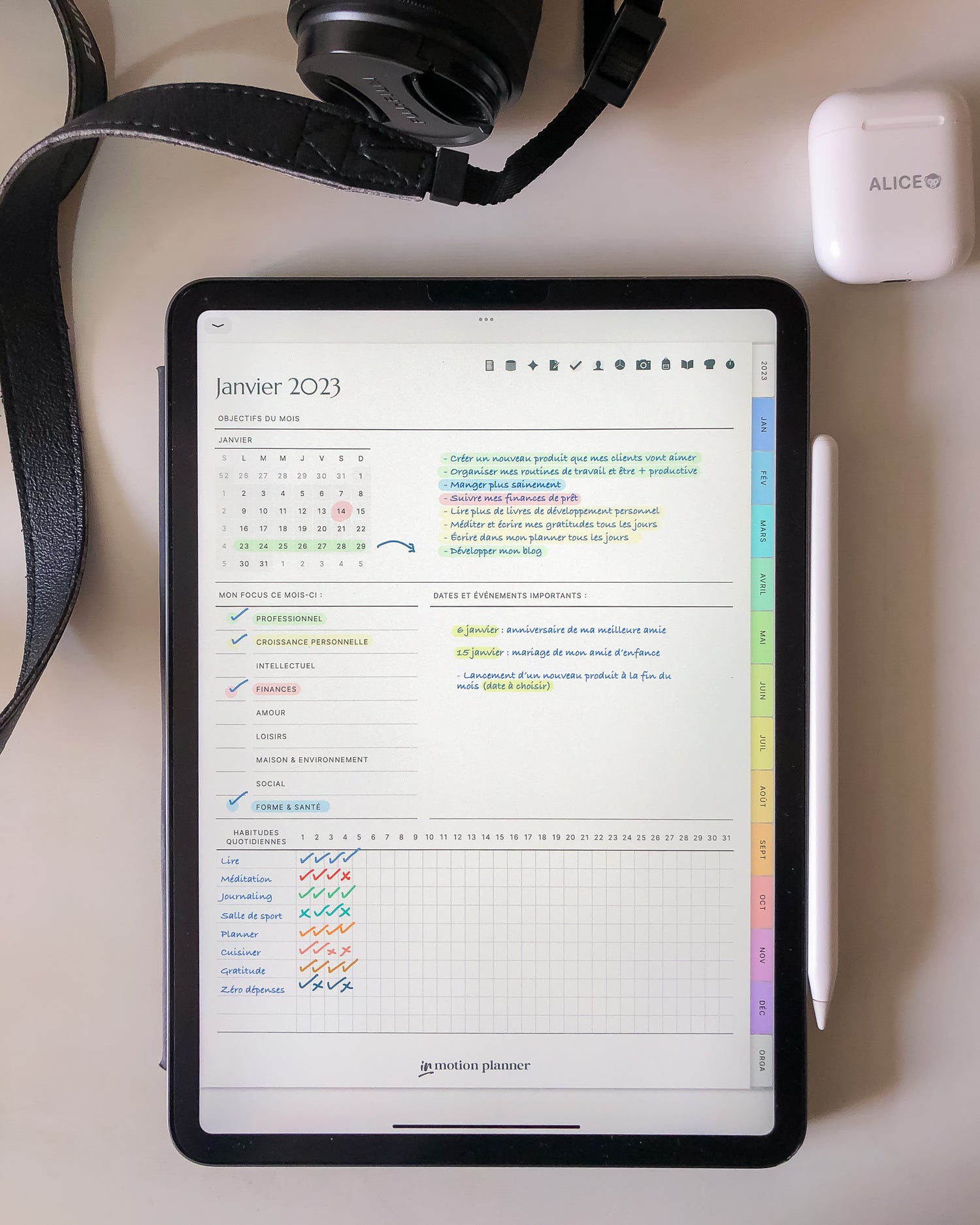 Planner digital 2023 pages d'objectifs InMotion Planner