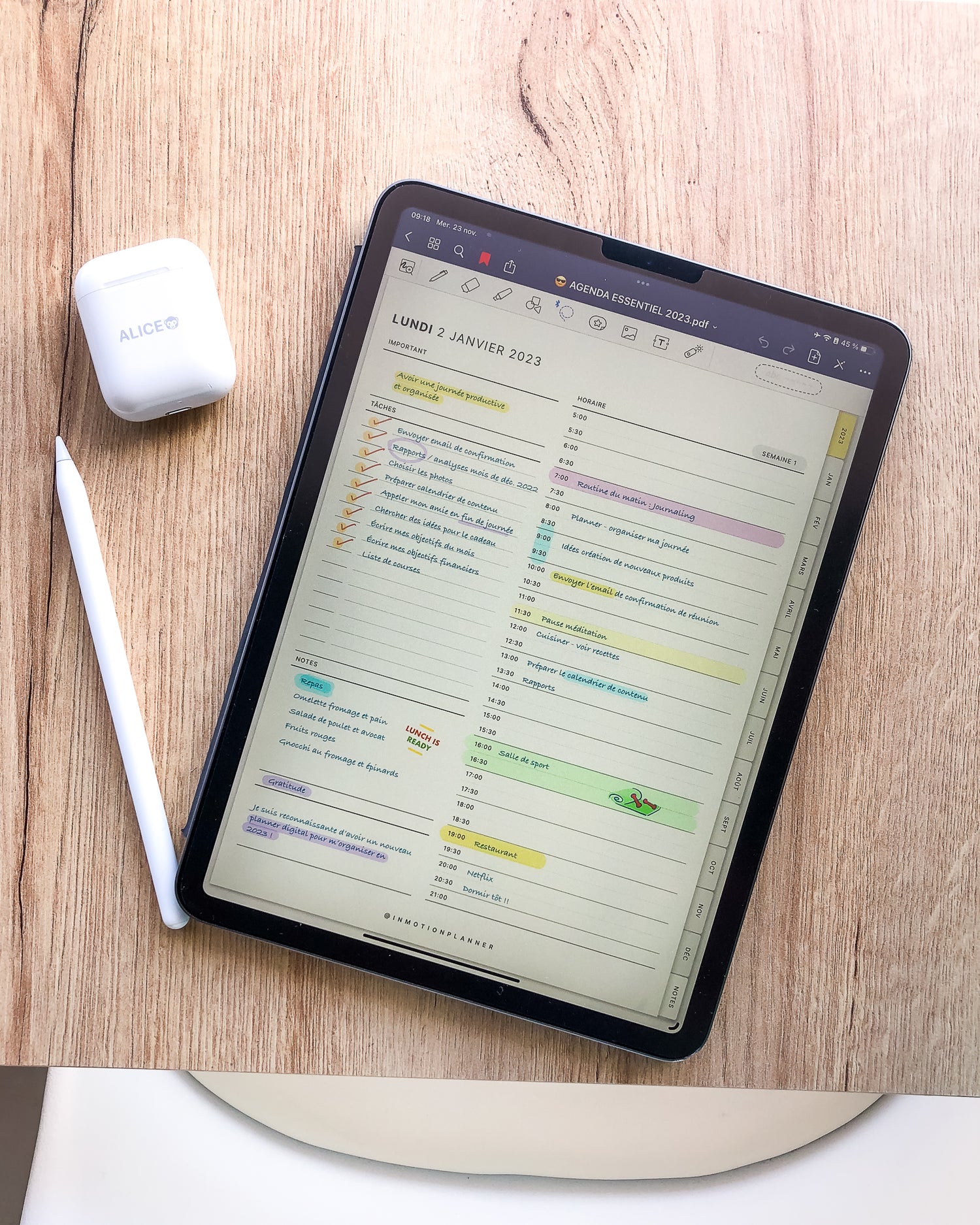 Planification digital avec InMotion Planner page journalière