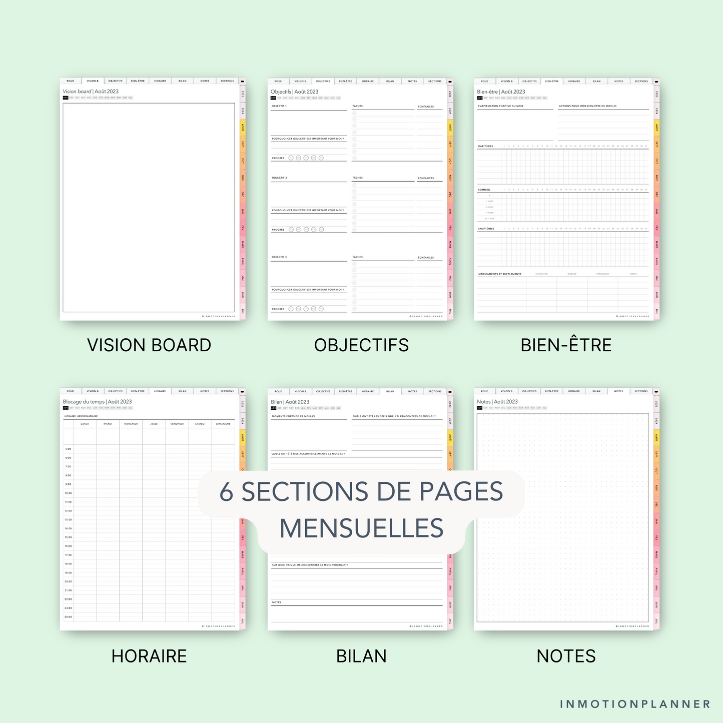 Vision board, Objectifs, Bien-être, Horaire, Bilan, Notes du Planner digital InMotion Planner