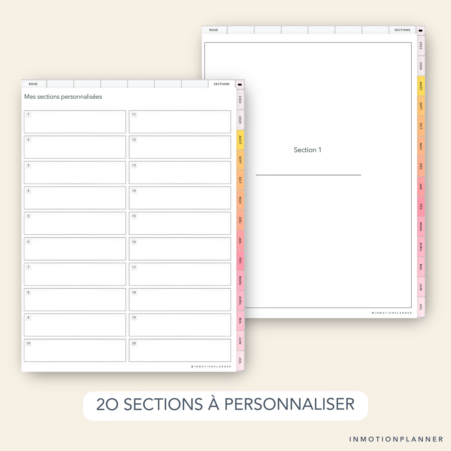 Sections à personnaliser avec le Planner digital InMotion Planner