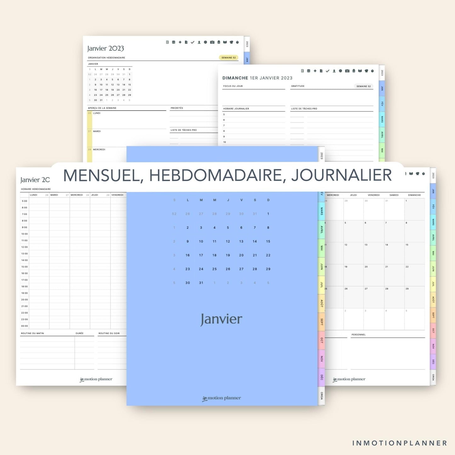 Pages mensuelles, hebdomadaires et journalières - agenda numérique InMotion Planner