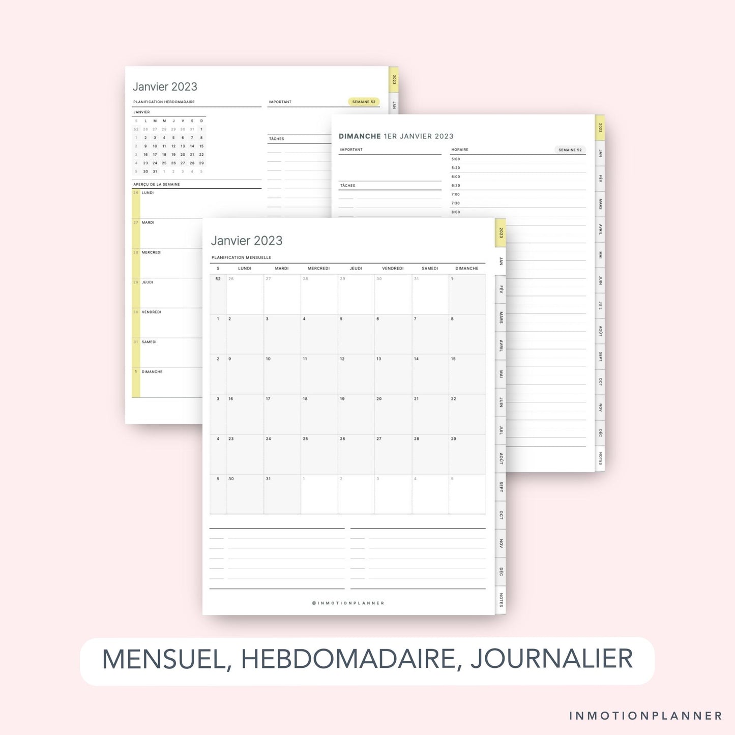 Pages de planification mensuelle du Planner Essentiel 2023