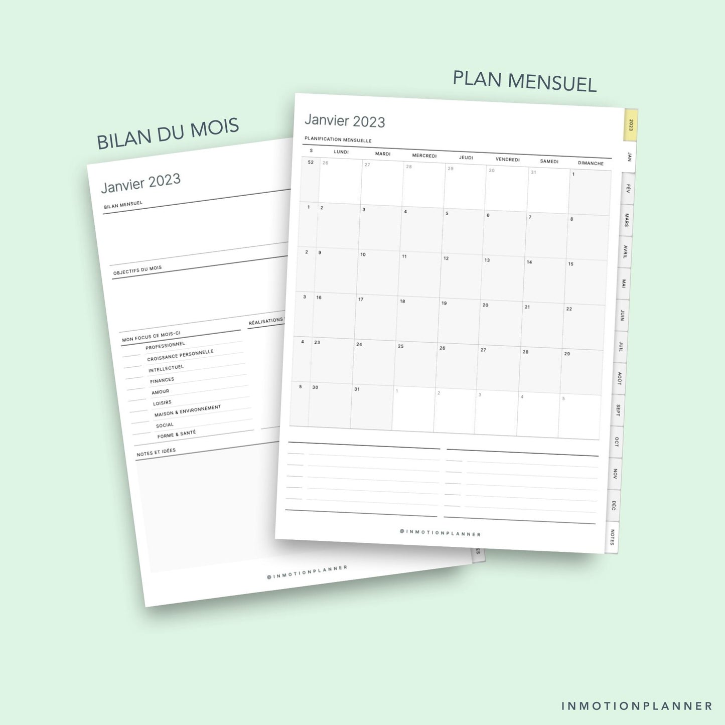 Pages du Planner digital Essentiel 2023 de InMotion Planner