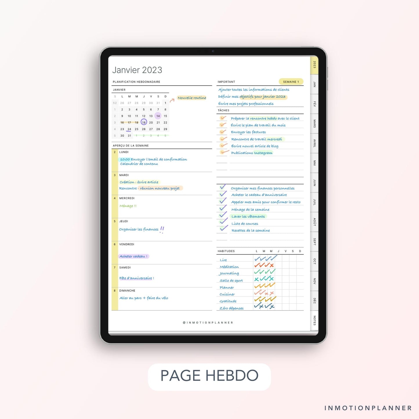Planning hebdomadaire avec un Planner digital InMotion Planner