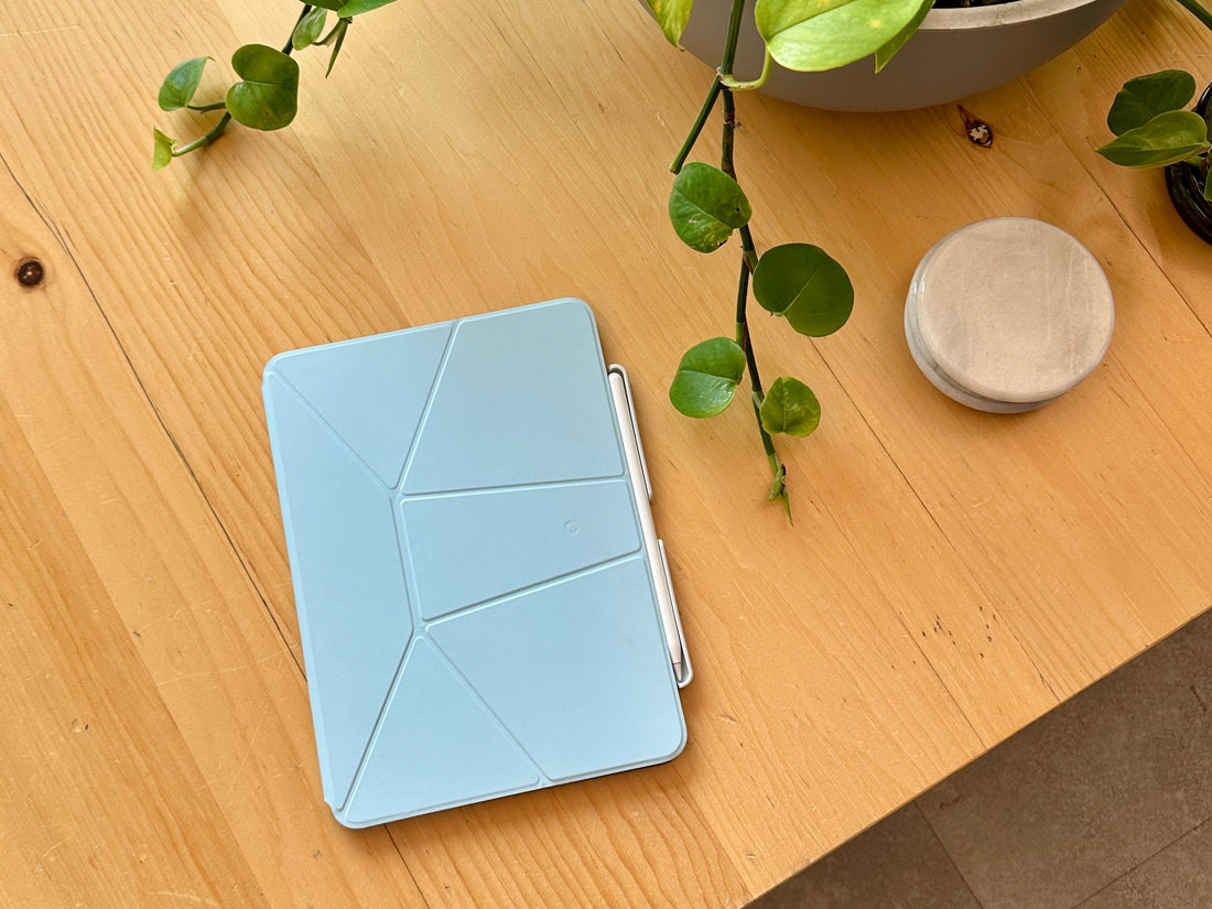 iPad et Apple Pencil rangés dans un étui bleu, un accessoire pratique pour utiliser un planner iPad.
