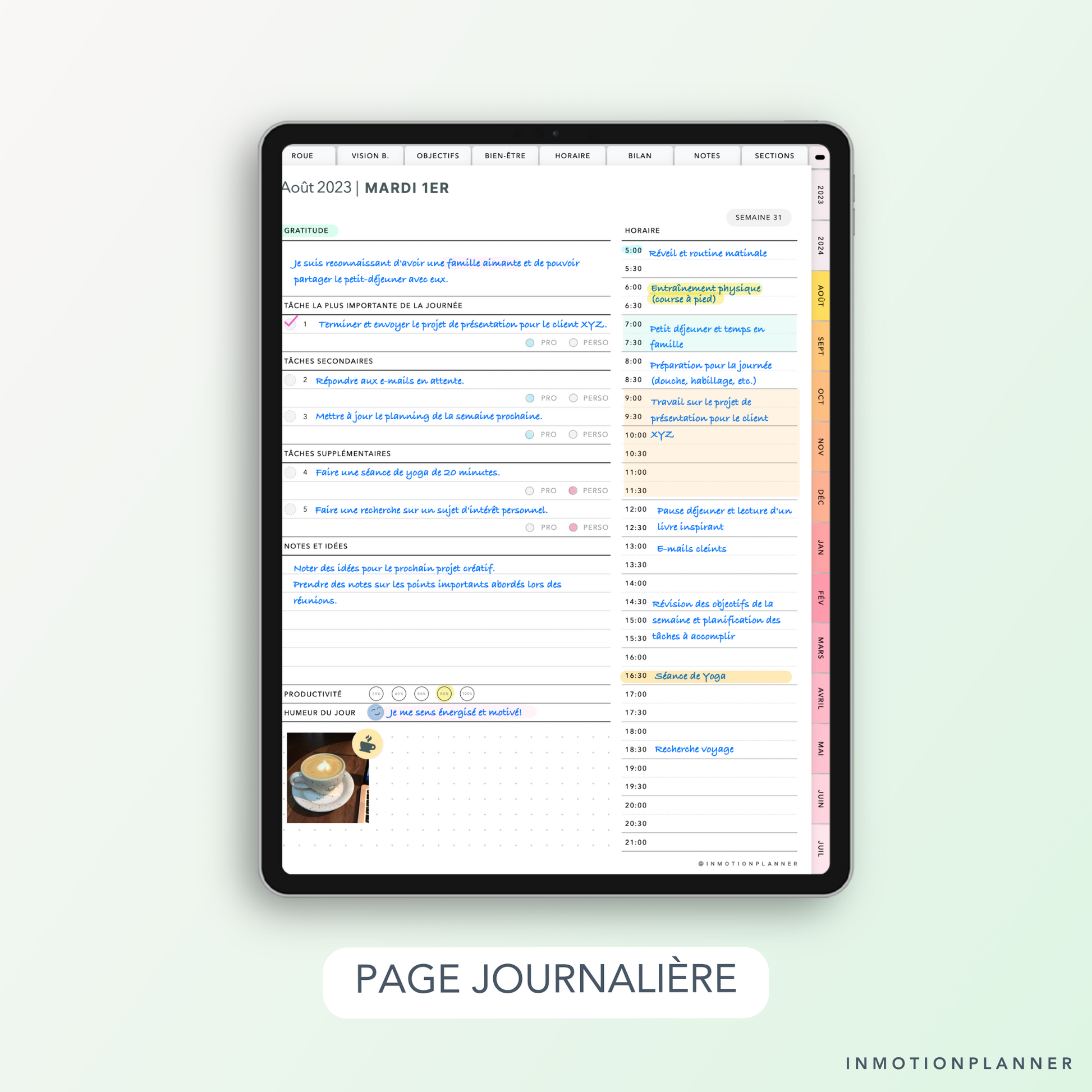 Page journalière, gratitude, horaire, idées, tâches du planner digital 2023 - 2024