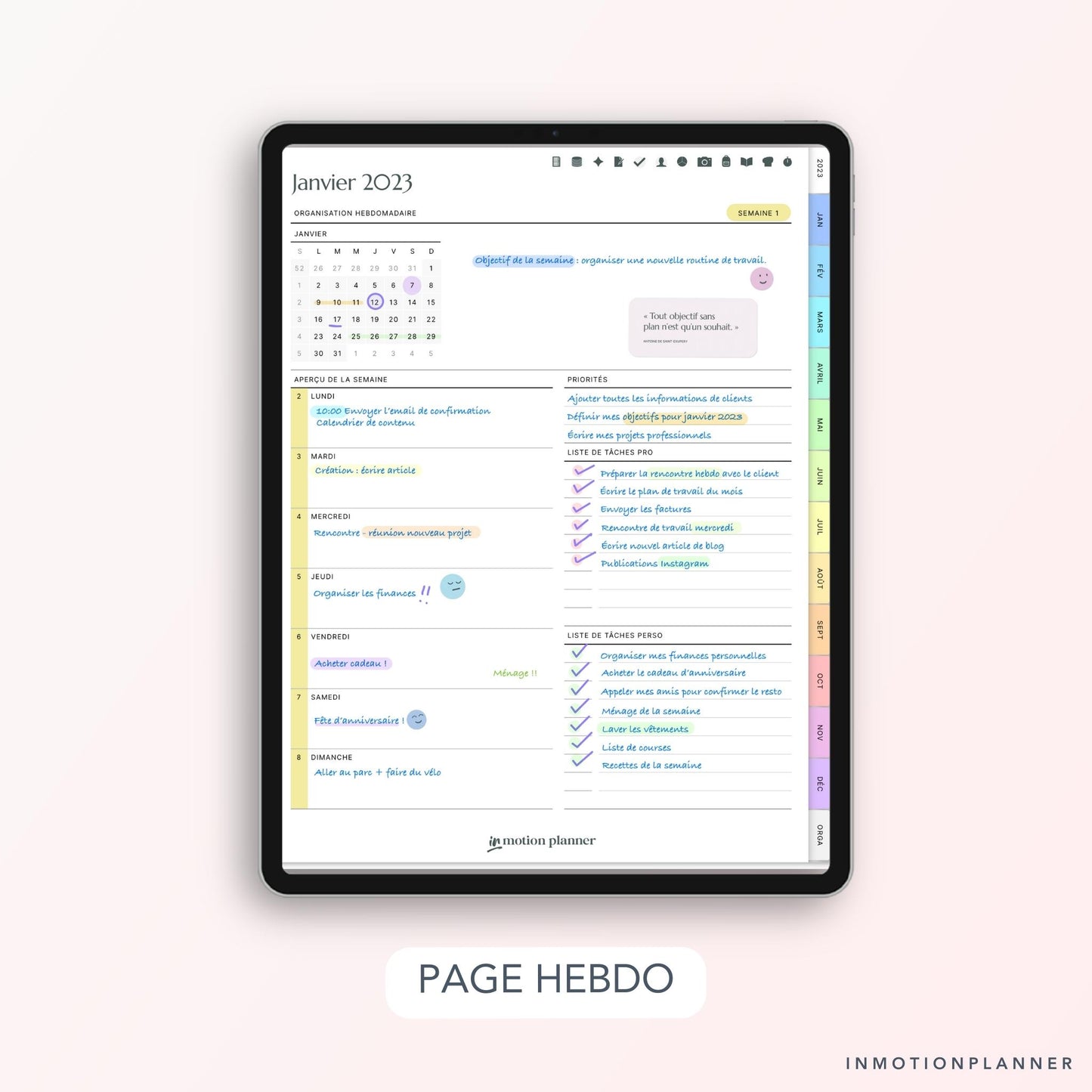 Planner digital pour iPad ou tablette personnaliser InMotion Planner