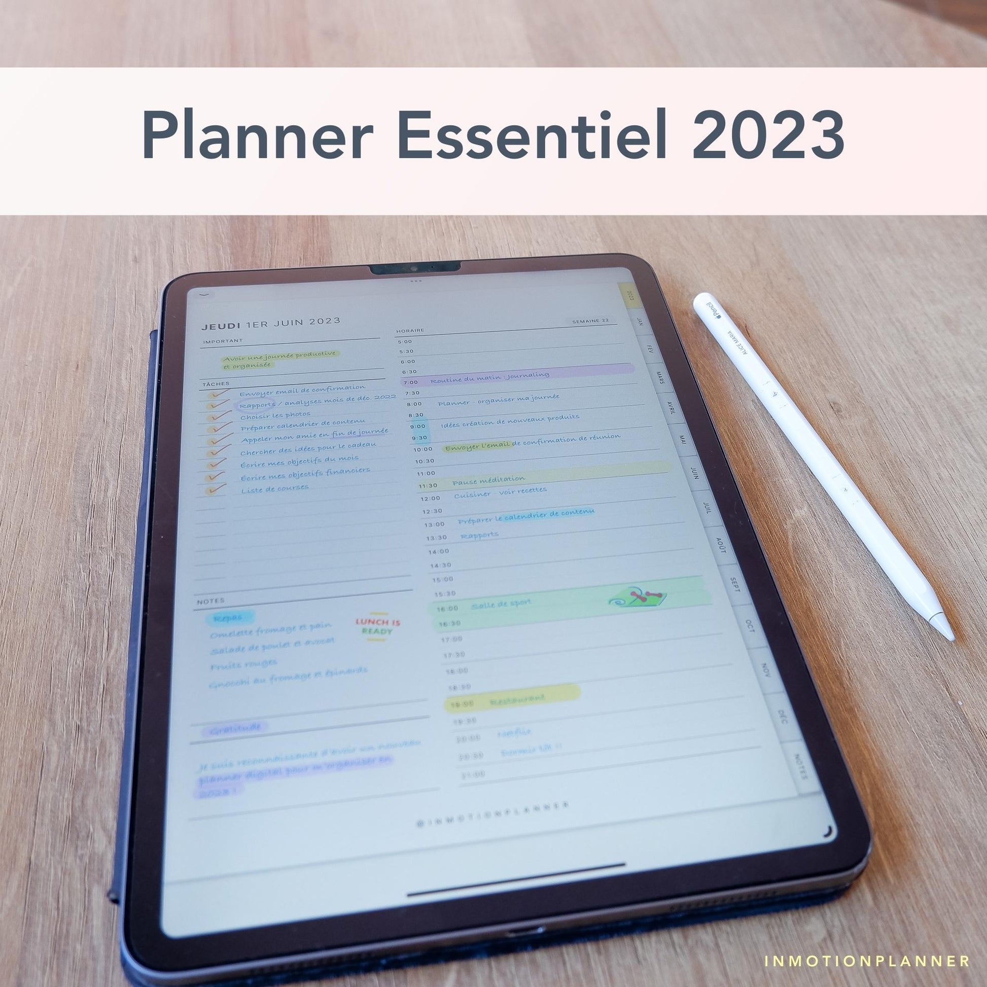 Planner digital daté 2023 de InMotion Planner page journalière sur iPad